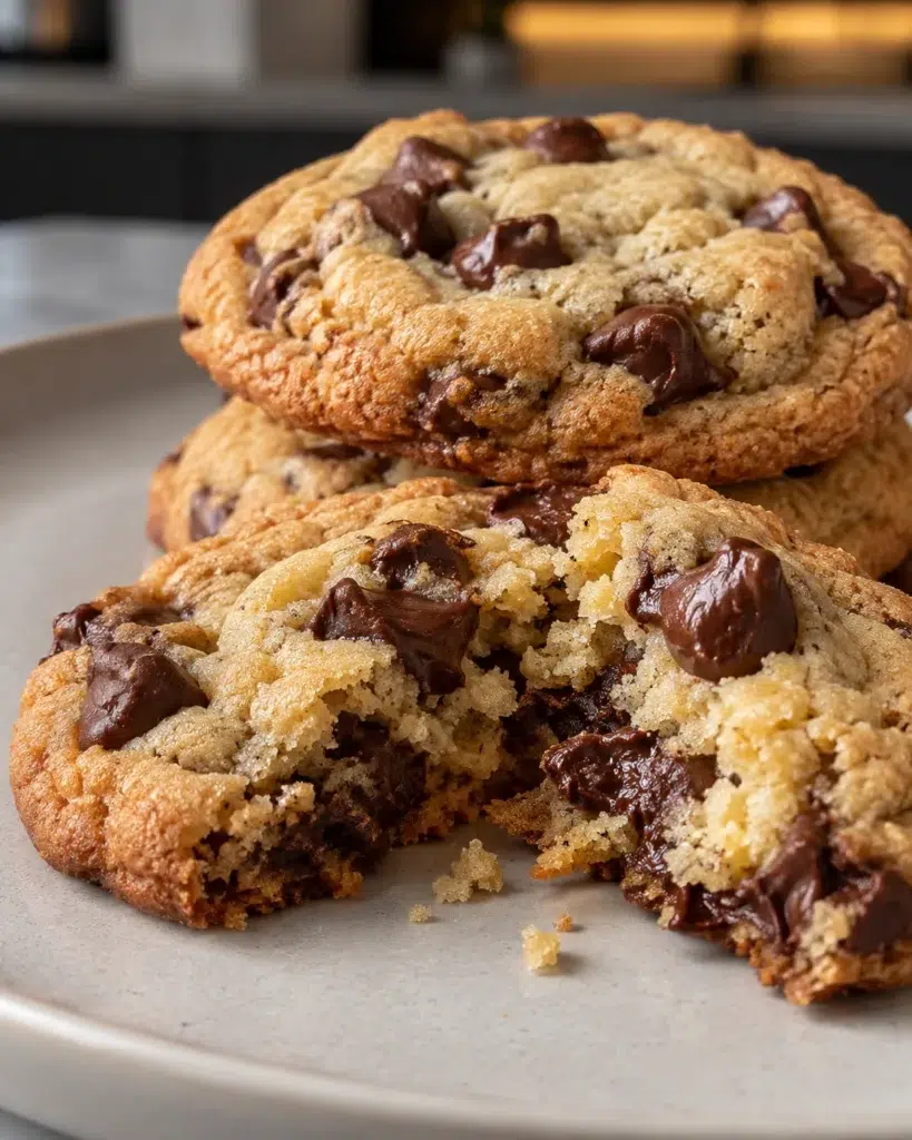 Sugar-free chocolate chip cookies with melted dark chocolate chips on a pale ceramic plate
