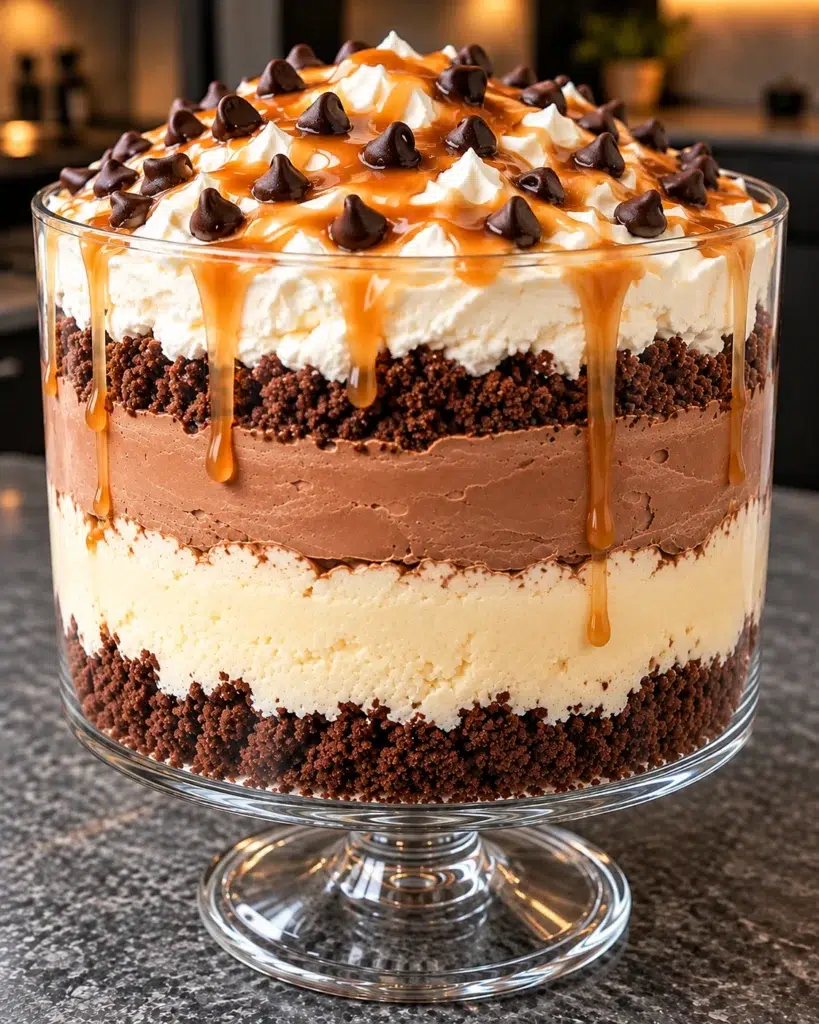 Sugar-free chocolate trifle in a footed glass bowl layered with crumbs, chocolate and plain cheesecake cream, whipped cream, caramel and chocolate chips