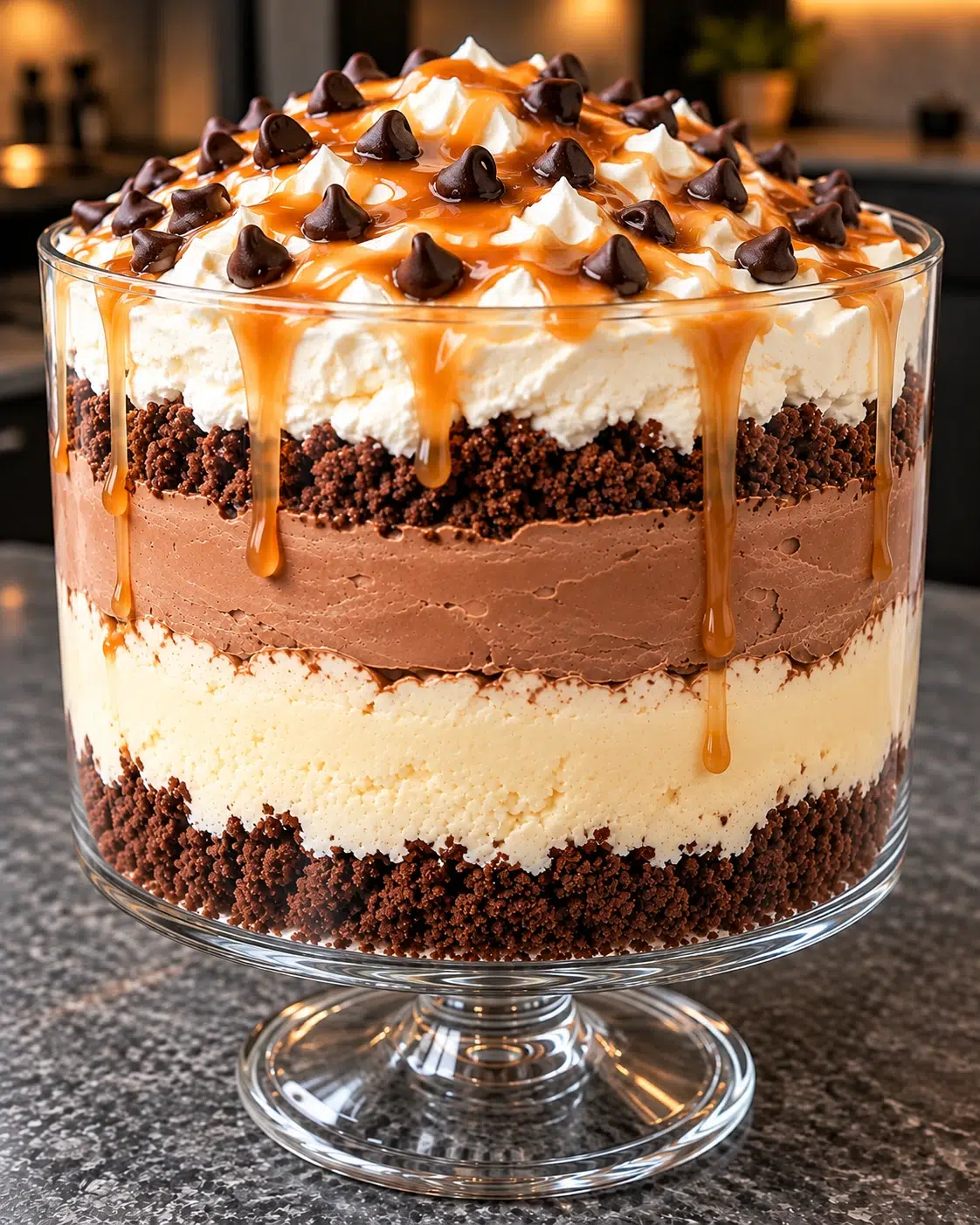 Sugar-free chocolate trifle in a footed glass bowl layered with crumbs, chocolate and plain cheesecake cream, whipped cream, caramel and chocolate chips