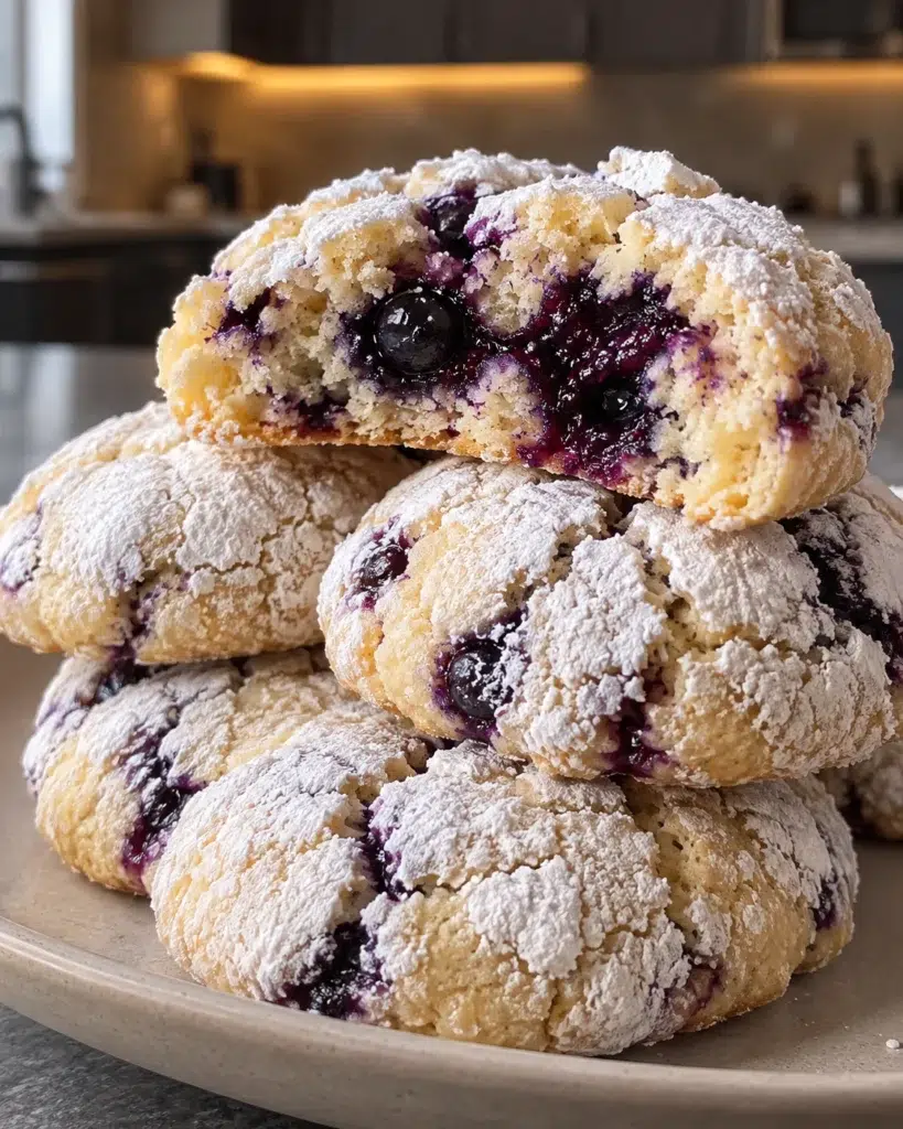 Sugar-free blueberry lemon crinkle cookies on a plate, one cut open to reveal the blueberry filling.