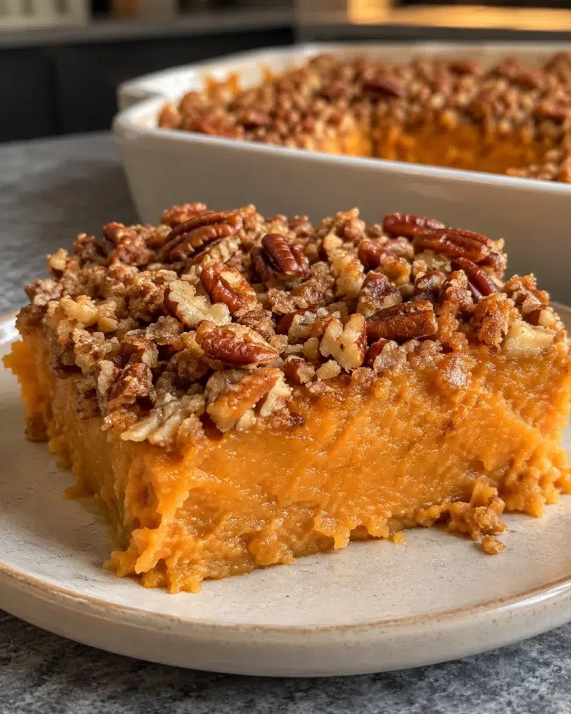Sweet potato pecan casserole with orange filling and pecan streusel in a ceramic dish