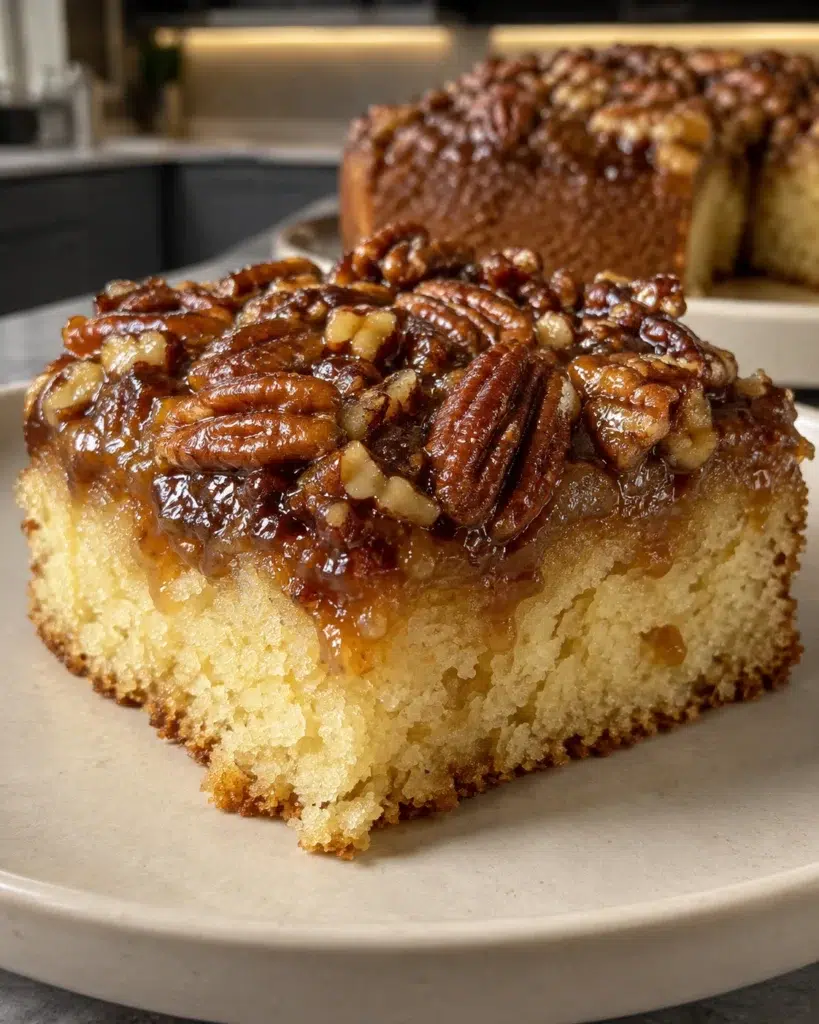 Sugar-free pecan upside down cake slice with glossy caramel-pecan top on a cream plate