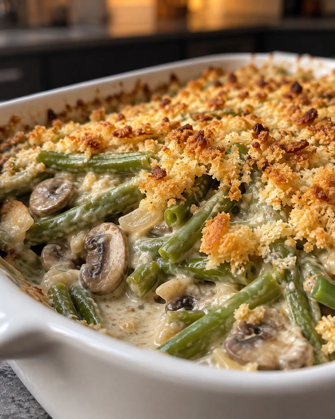 No-added-sugar green bean casserole with mushrooms and golden almond crumbs in a white dish