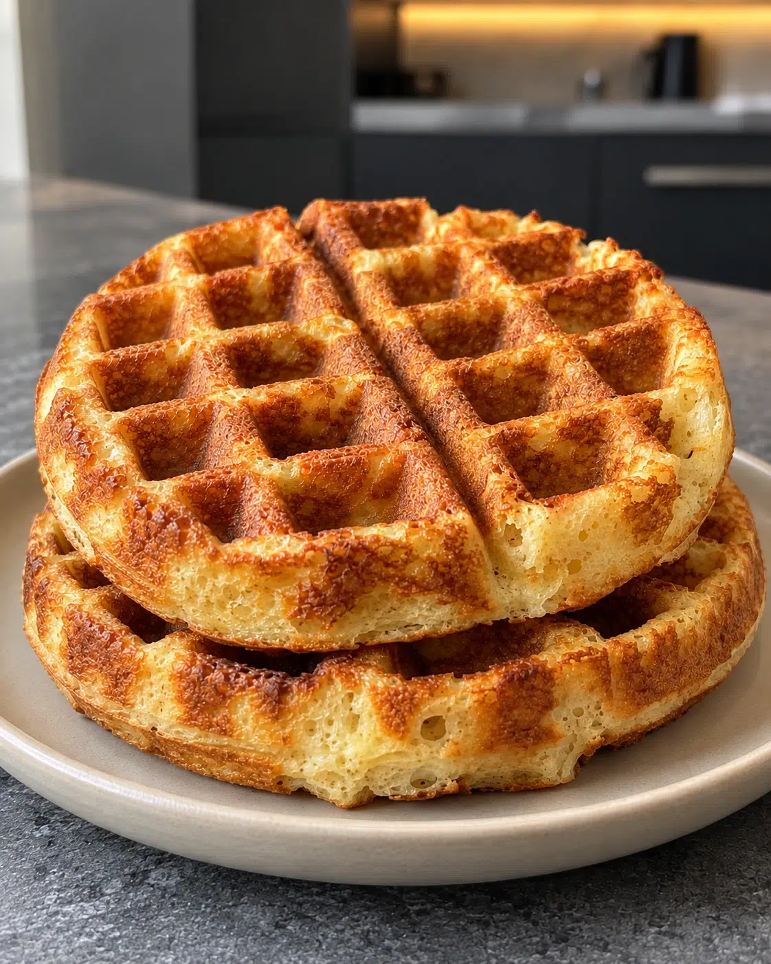 Sugar-free waffles: two golden round Belgian waffles stacked on a plate
