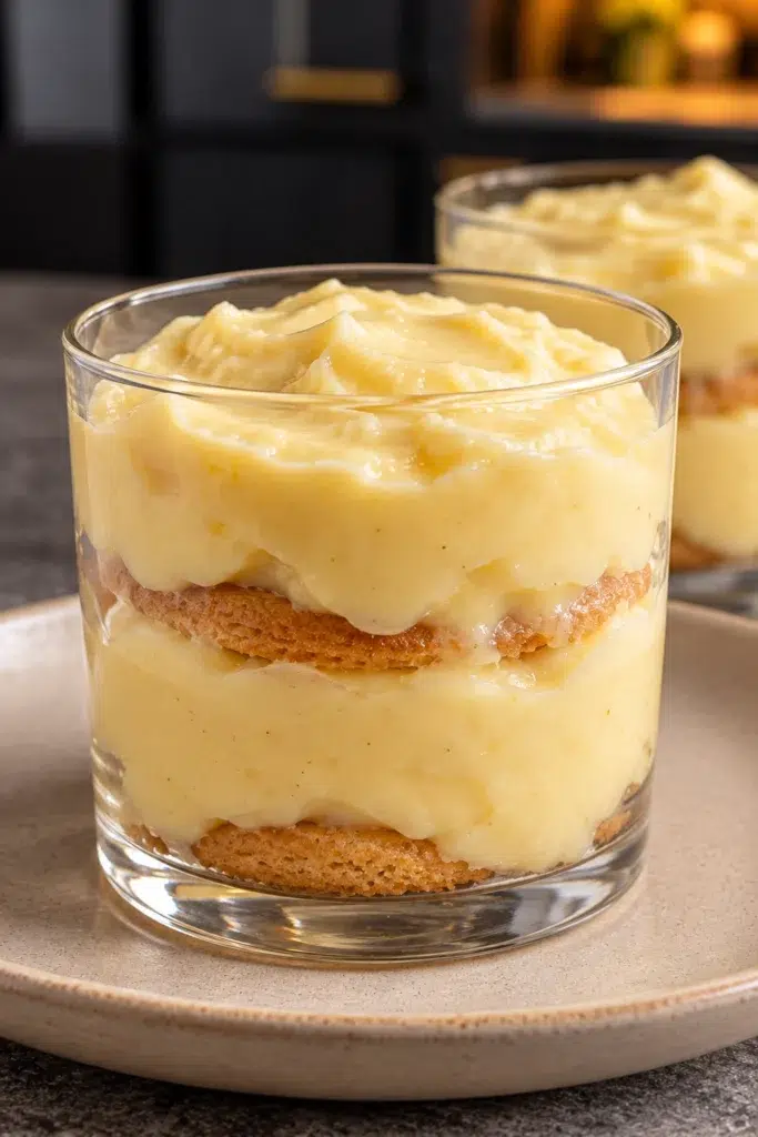 Sugar-free banana pudding with vanilla wafers in a clear glass on a speckled plate