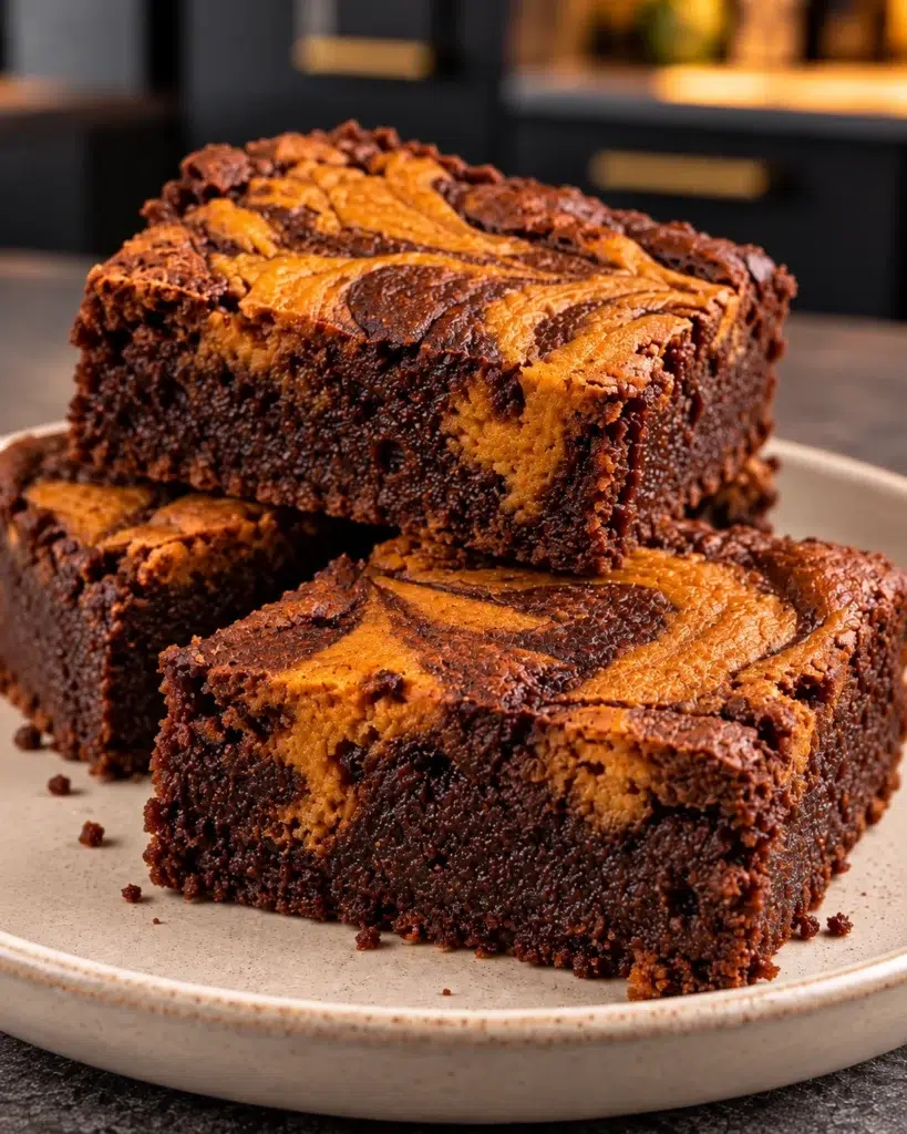 Sugar-free pumpkin swirl brownies cut into squares with orange pumpkin marbling