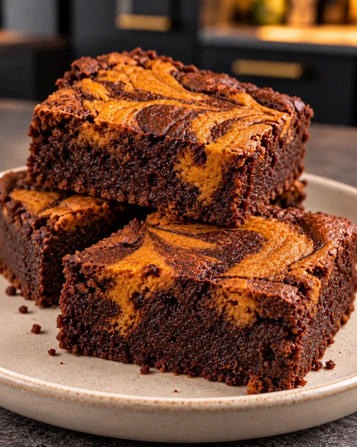 Sugar-free pumpkin swirl brownies cut into squares with orange pumpkin marbling