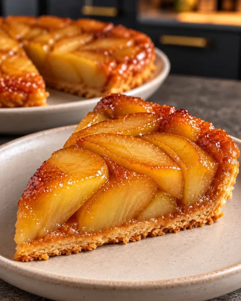 Sugar-free apple tarte tatin with glossy caramelized apples on a serving plate
