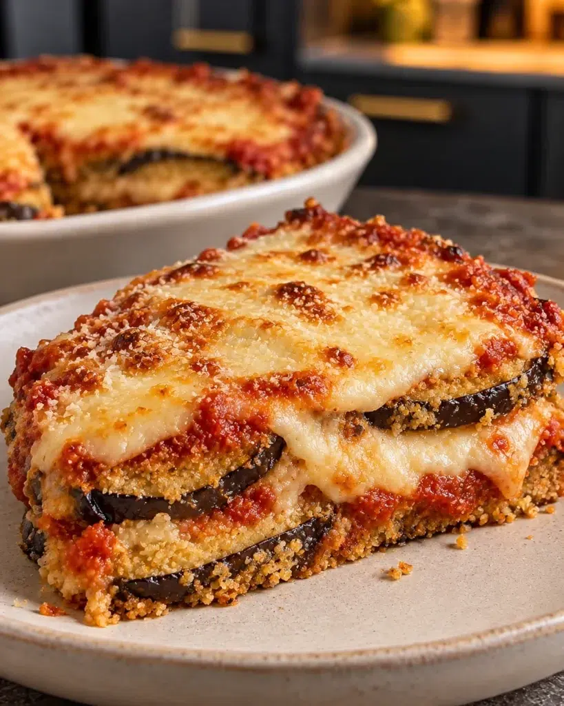 No-added-sugar eggplant parmesan slice with melted mozzarella and marinara layers on a plate