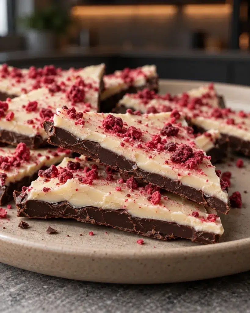 Irregular shards of sugar-free peppermint bark with dark and white chocolate layers and crushed freeze-dried raspberries on top