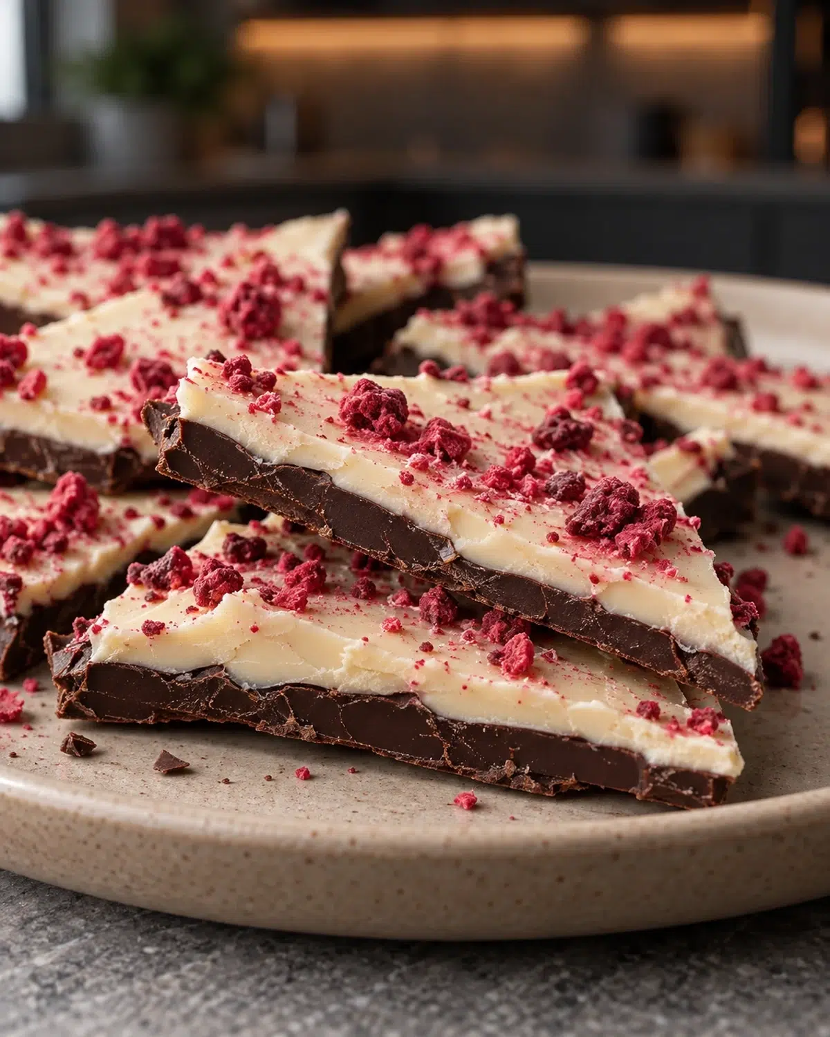 Irregular shards of sugar-free peppermint bark with dark and white chocolate layers and crushed freeze-dried raspberries on top