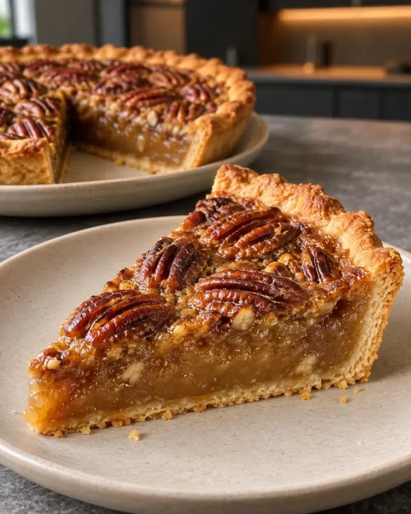 A slice of sugar-free pecan pie with glossy pecans and gooey amber filling on a cream ceramic plate