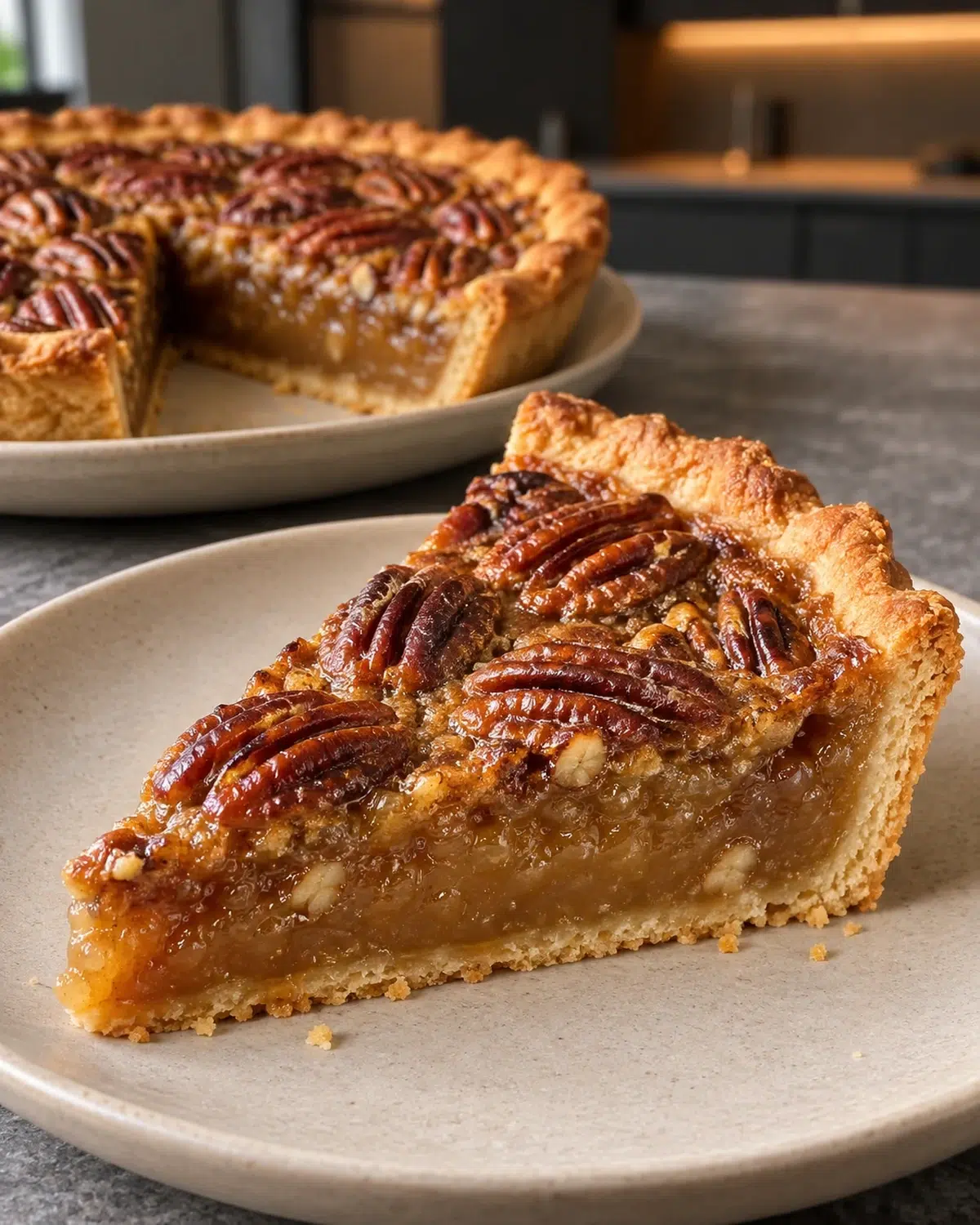 A slice of sugar-free pecan pie with glossy pecans and gooey amber filling on a cream ceramic plate