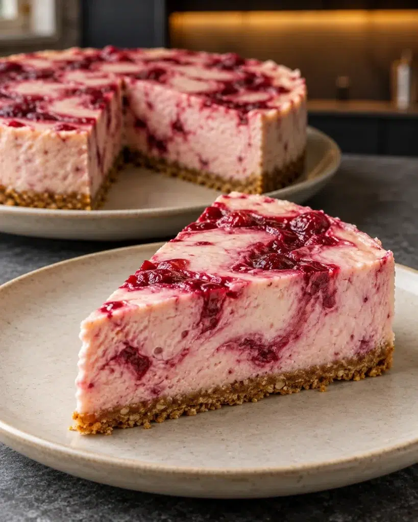 Sugar-free cranberry cheesecake with pink filling and red cranberry swirls on a plate