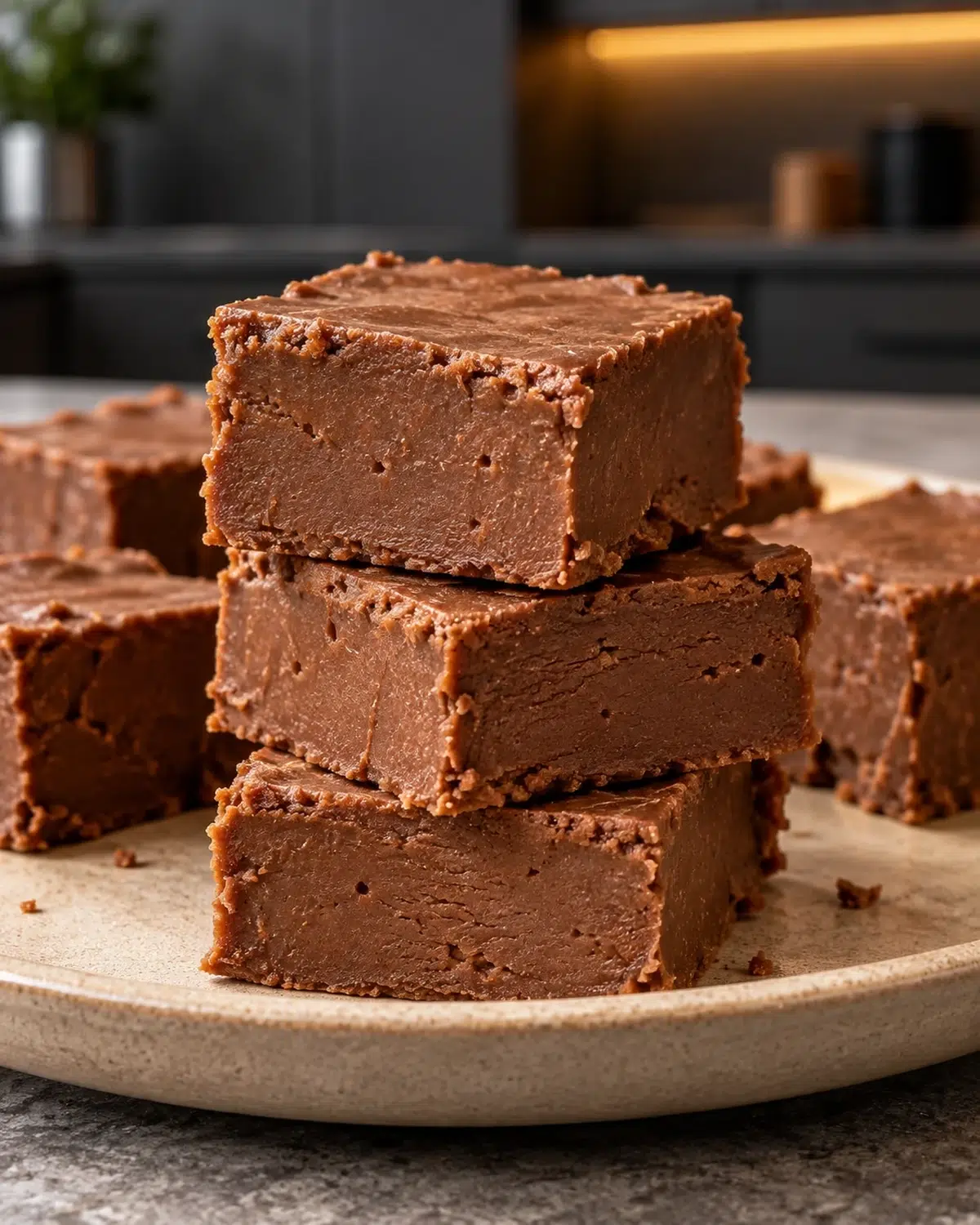 Sugar-free chocolate peanut butter fudge squares stacked on a speckled plate