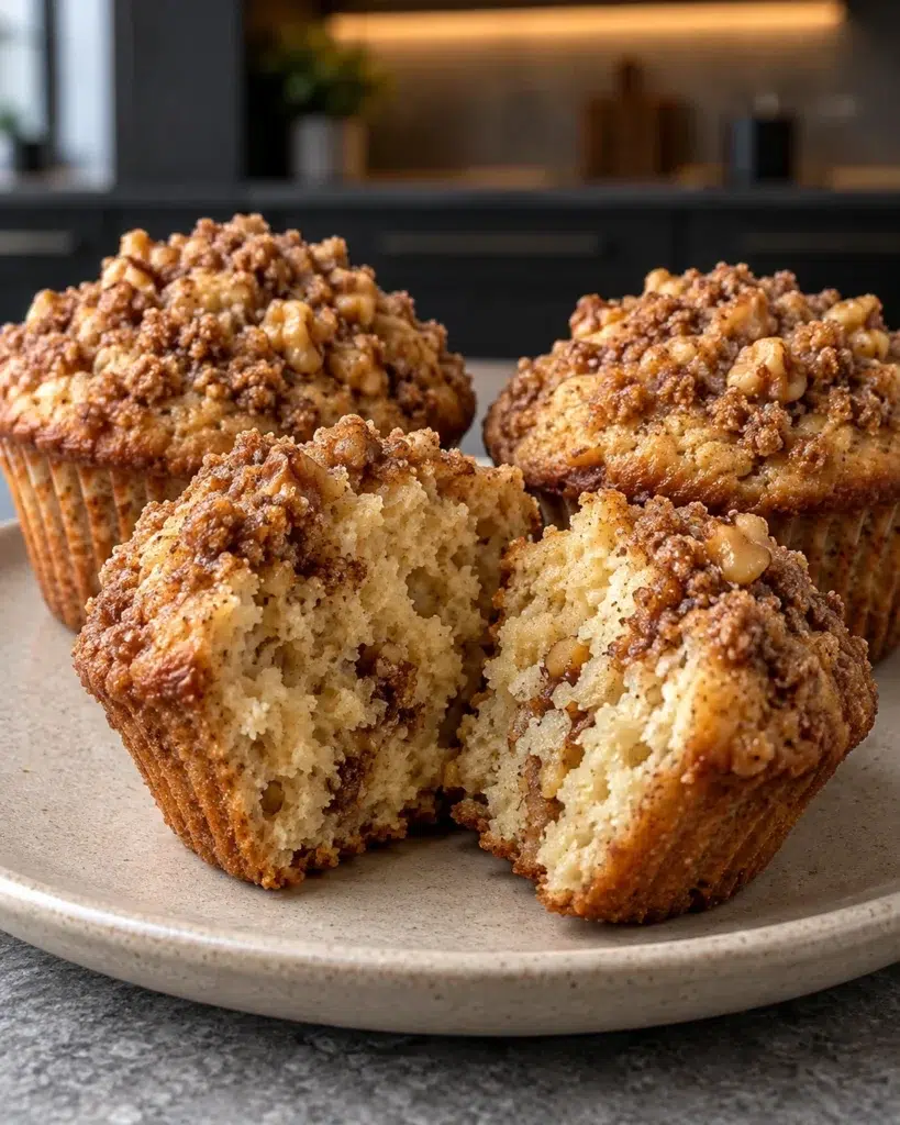 Sugar-free cinnamon streusel muffins: golden domed muffins with walnut crumb topping, one broken open