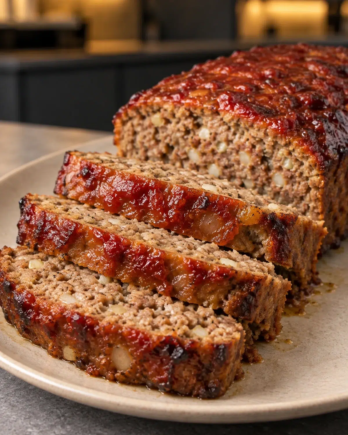 No-added-sugar meatloaf sliced on a cream platter with a glossy red glaze