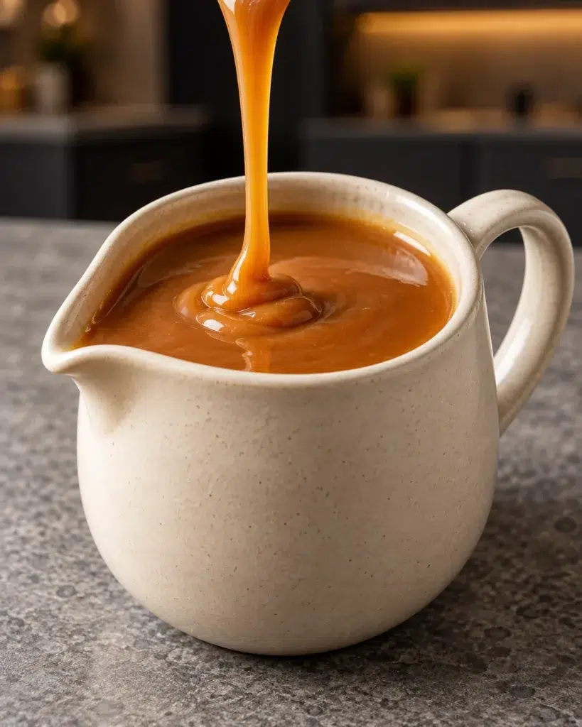 Sugar-free caramel sauce poured into a speckled ceramic pitcher on a stone counter