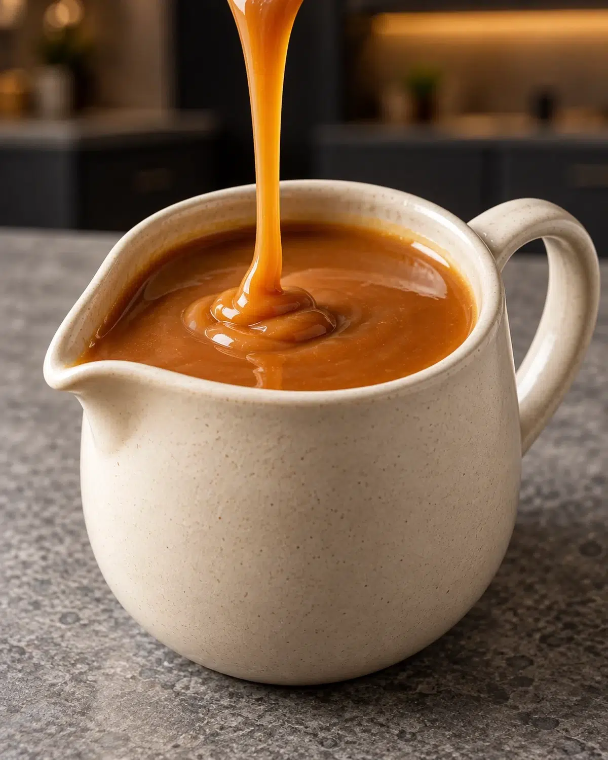 Sugar-free caramel sauce poured into a speckled ceramic pitcher on a stone counter