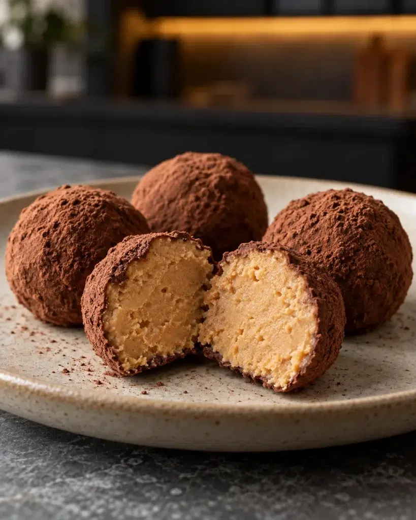 Sugar-free chocolate peanut butter balls dusted in cocoa, one cut open on a speckled plate