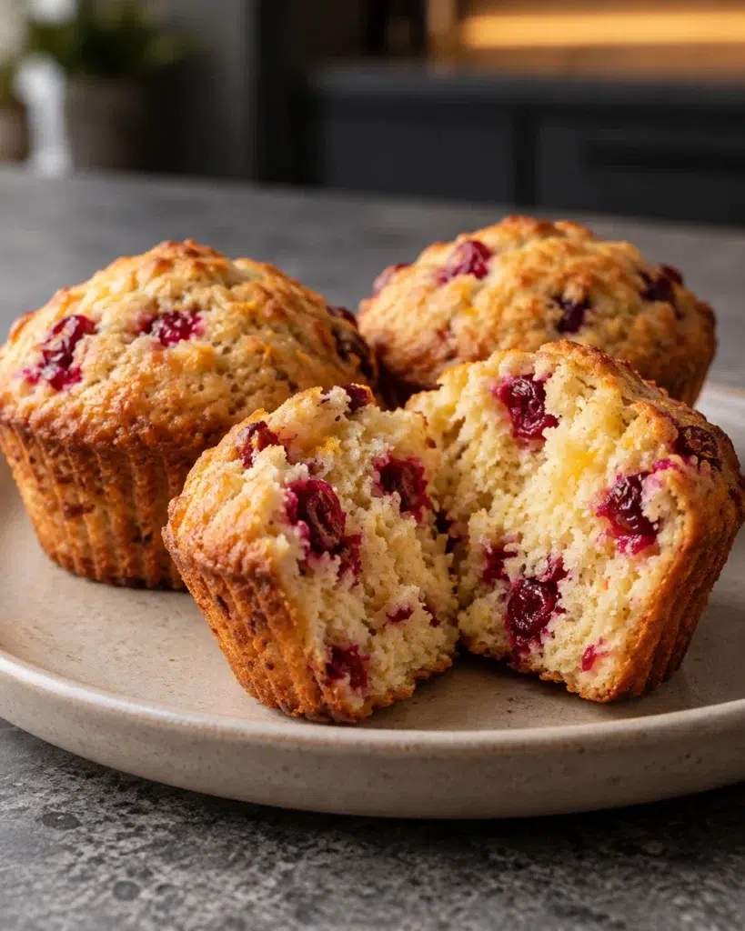 Sugar-free cranberry orange muffins with golden domed tops and red cranberries