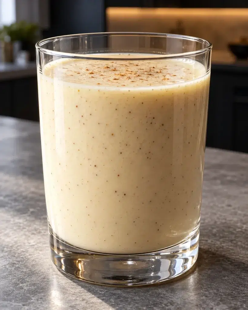 Sugar-free eggnog dusted with nutmeg in a clear glass