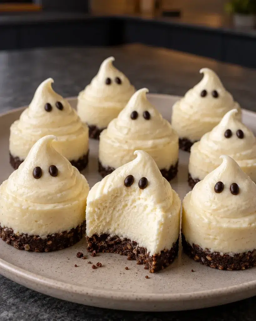 Sugar-free ghost cheesecakes piped into white spirals with cocoa eyes on a speckled plate