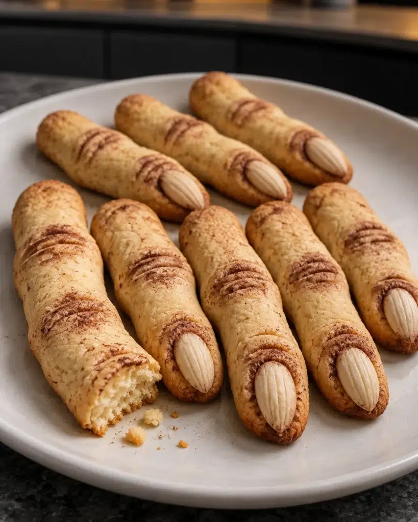 Sugar-free witch finger cookies with almond nails and cocoa knuckle lines on a speckled plate