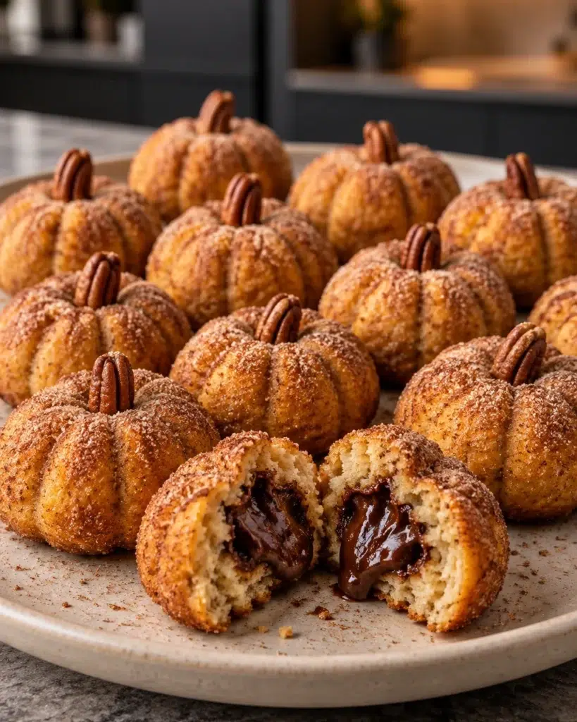 Sugar-free chocolate-filled donut bites shaped like little pumpkins with pecan stems
