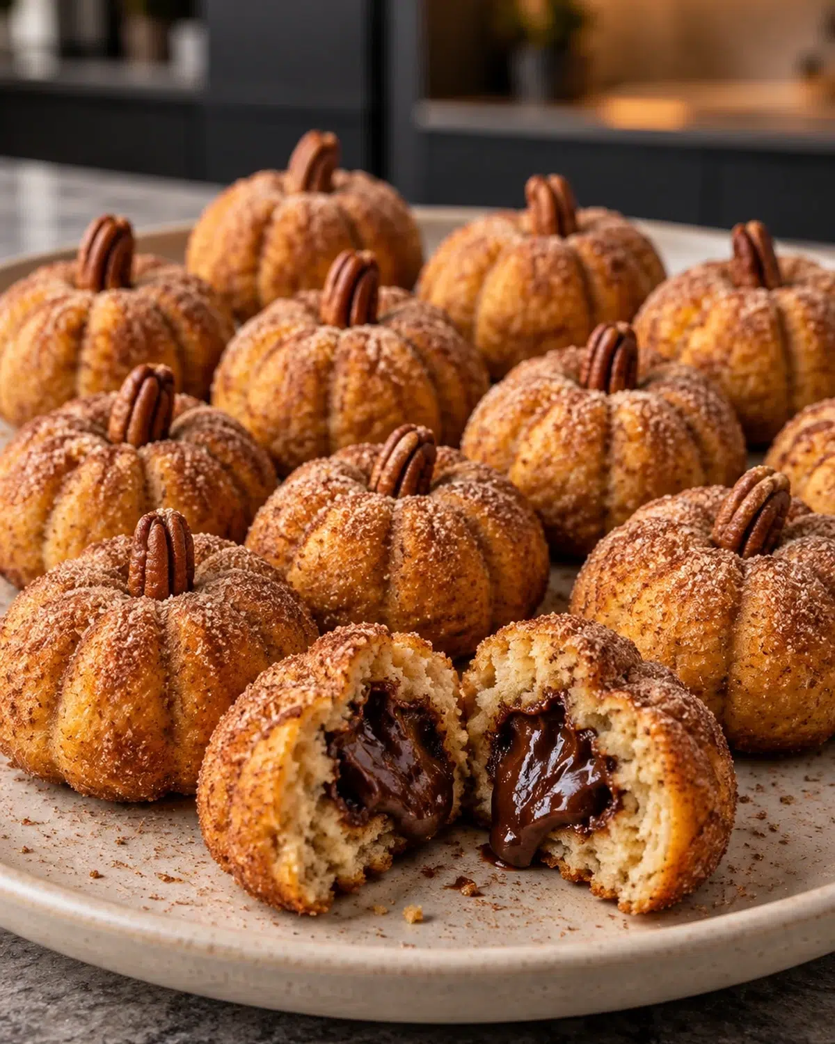 Sugar-free chocolate-filled donut bites shaped like little pumpkins with pecan stems