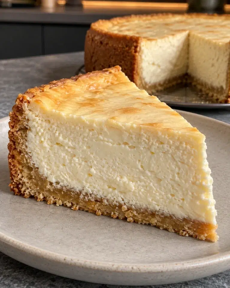 Slice of sugar-free classic cheesecake with a thin golden almond crust and creamy ivory filling, the whole cheesecake behind it