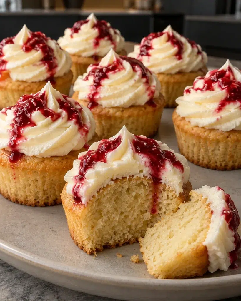 Sugar-free Halloween cupcakes with cream cheese frosting and red raspberry drizzle