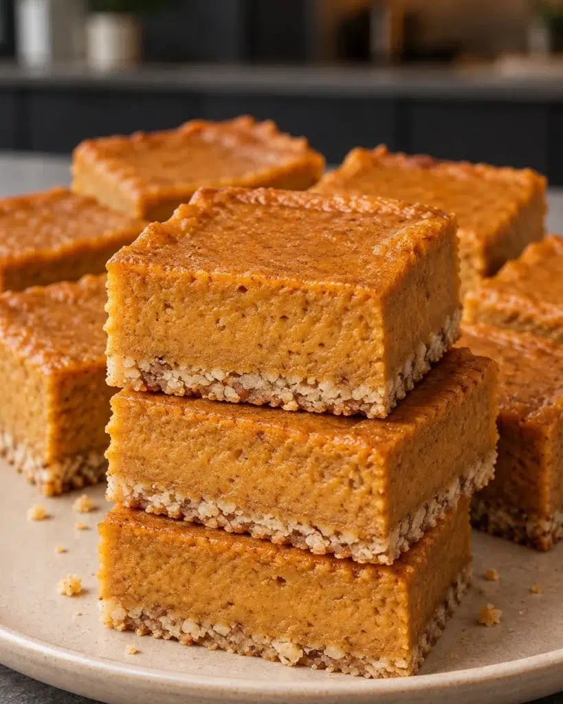 Sugar-free pumpkin pie bars with creamy pumpkin filling over a thin almond crust