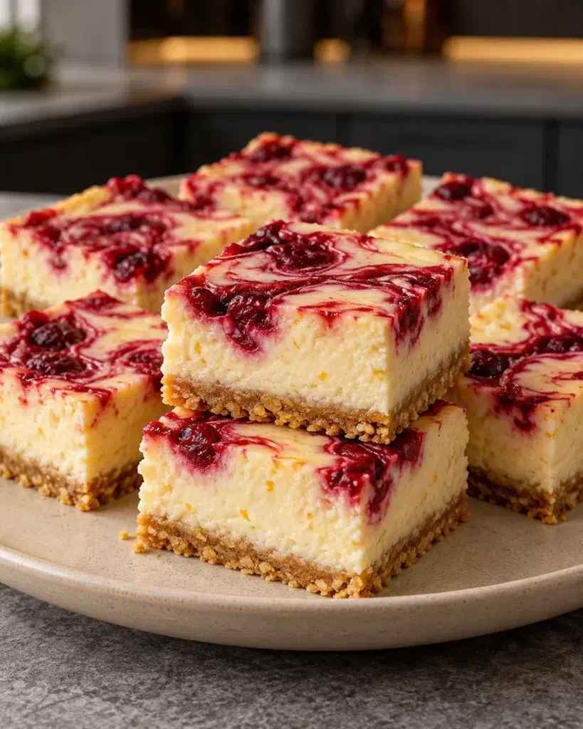 Sugar-free cranberry orange cheesecake bars with red cranberry swirl