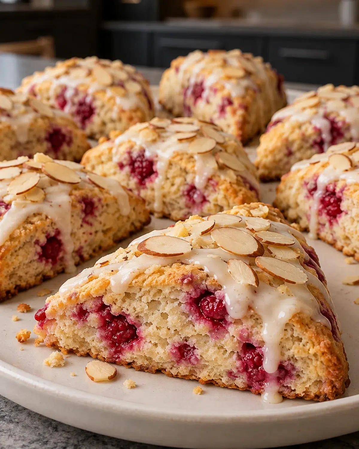 Sugar-free raspberry almond scones: eight golden wedges drizzled with white glaze and sliced almonds
