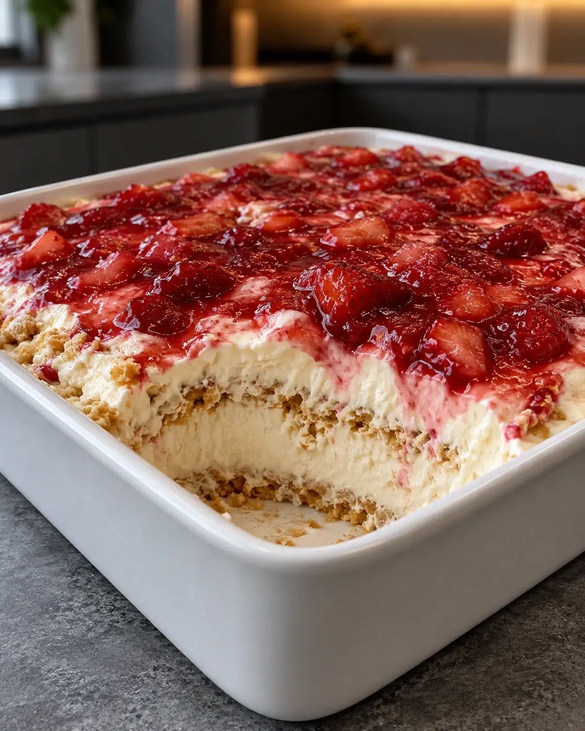 Sugar-free strawberry shortcake ice cream cake in a white dish with glossy strawberry glaze, one portion removed