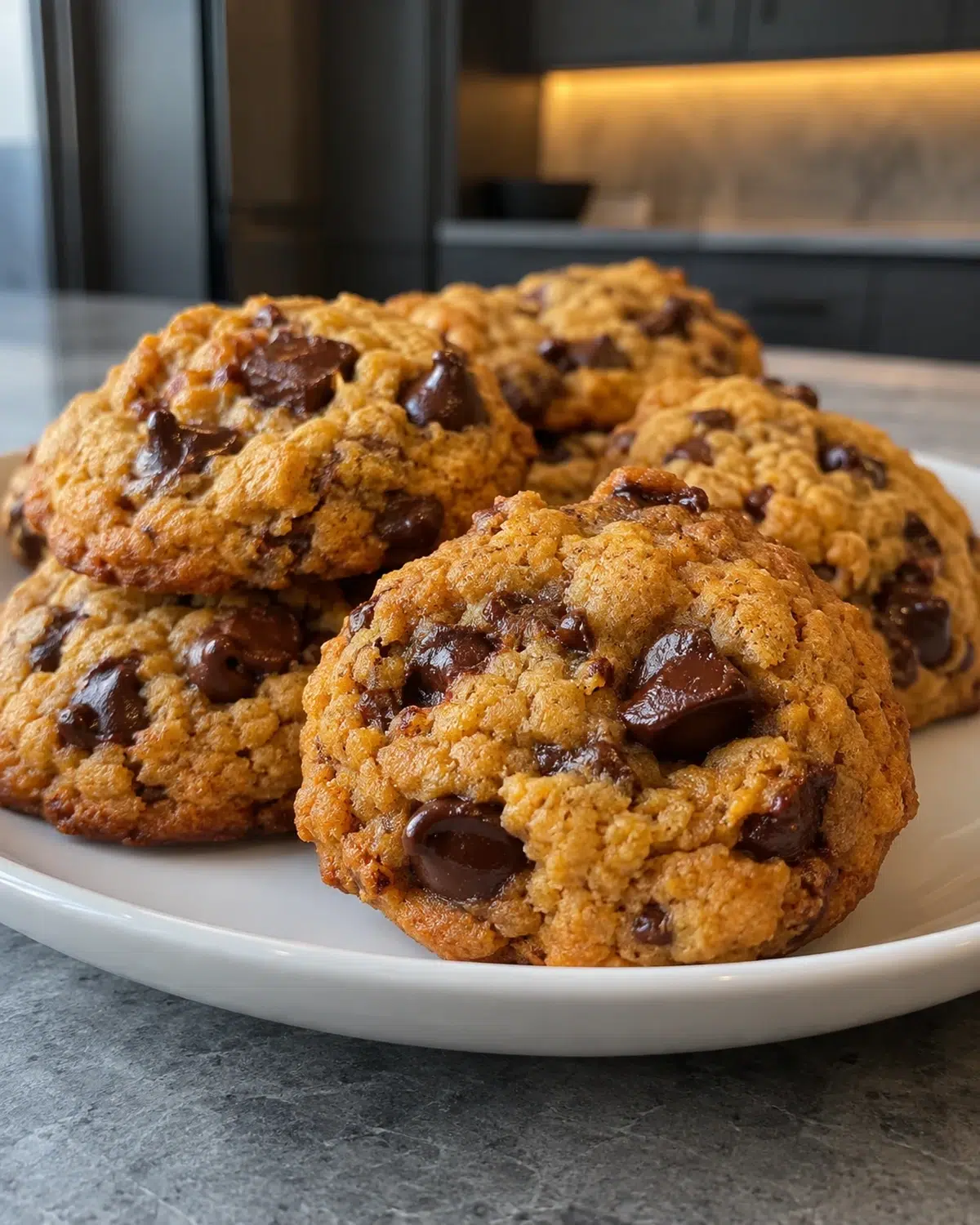 Sugar-free pumpkin chocolate chip cookies piled on a white plate