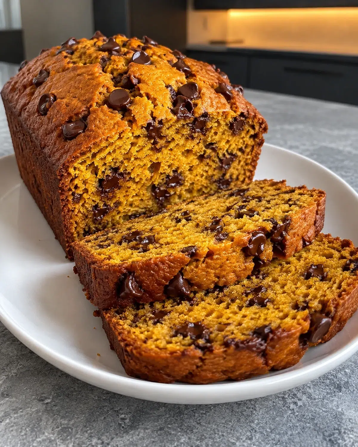 Sliced sugar-free pumpkin bread with chocolate chips on a white plate