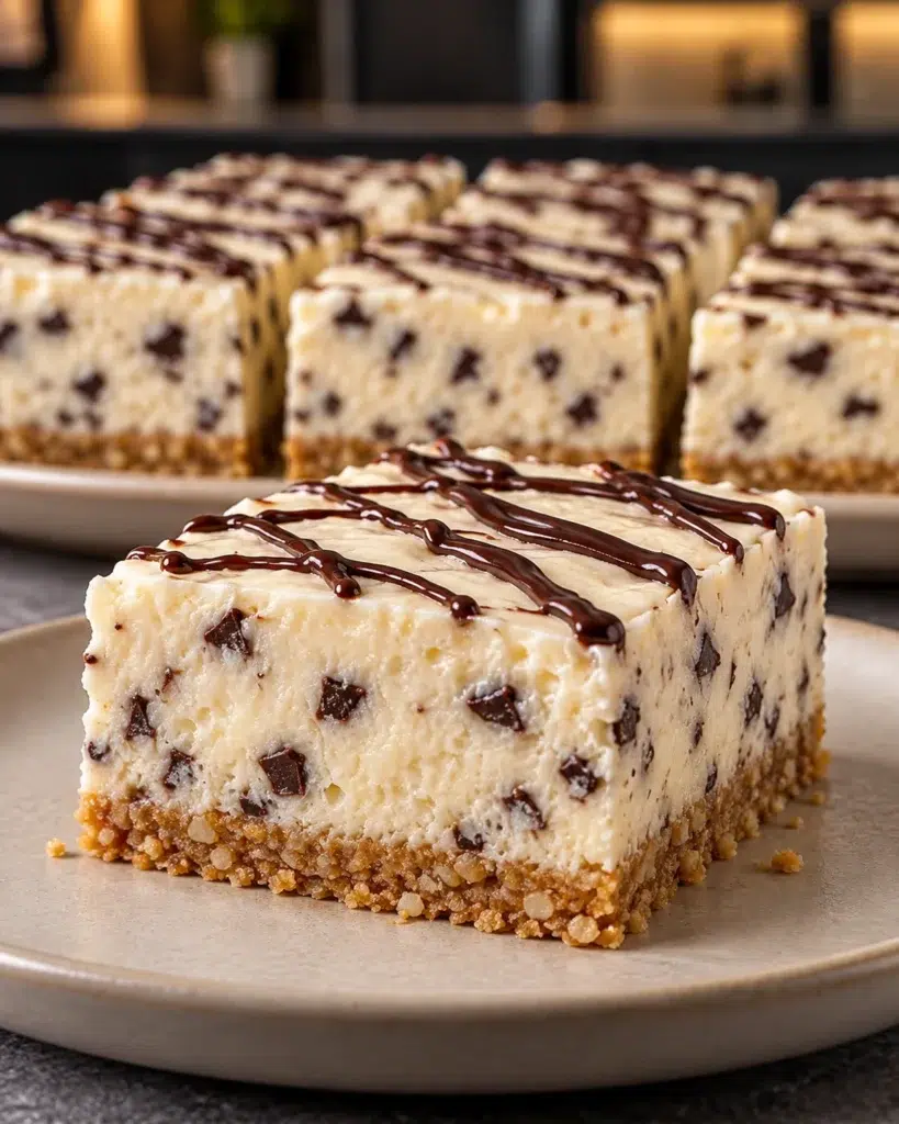 Sugar-free chocolate chip cheesecake bars on a plate with chocolate drizzle