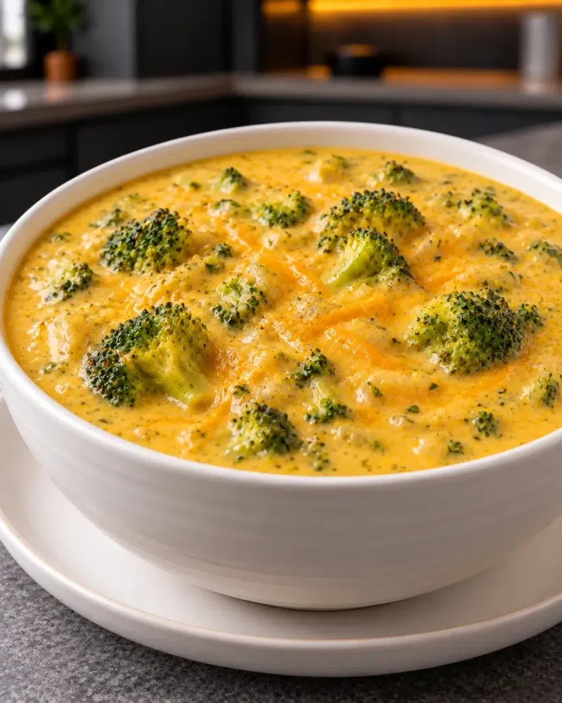 No-added-sugar broccoli cheddar soup in a white bowl topped with grated cheddar