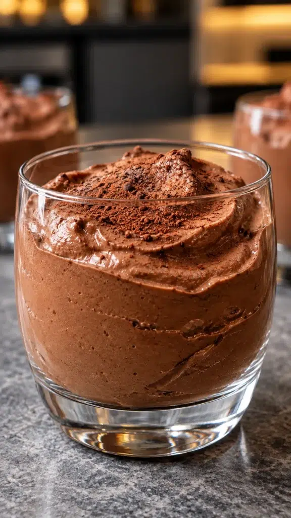 Sugar-free cottage cheese chocolate mousse with spoon swirls in a clear glass, dusted with cocoa