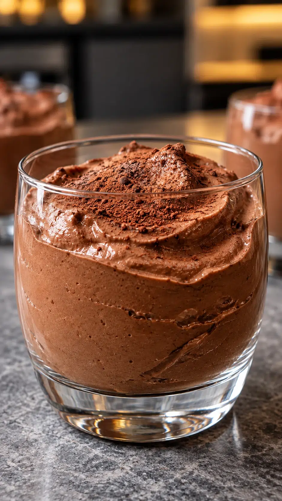 Sugar-free cottage cheese chocolate mousse with spoon swirls in a clear glass, dusted with cocoa