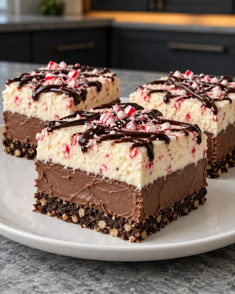 Sugar-free chocolate peppermint lasagna squares with cocoa almond crust and two creamy layers