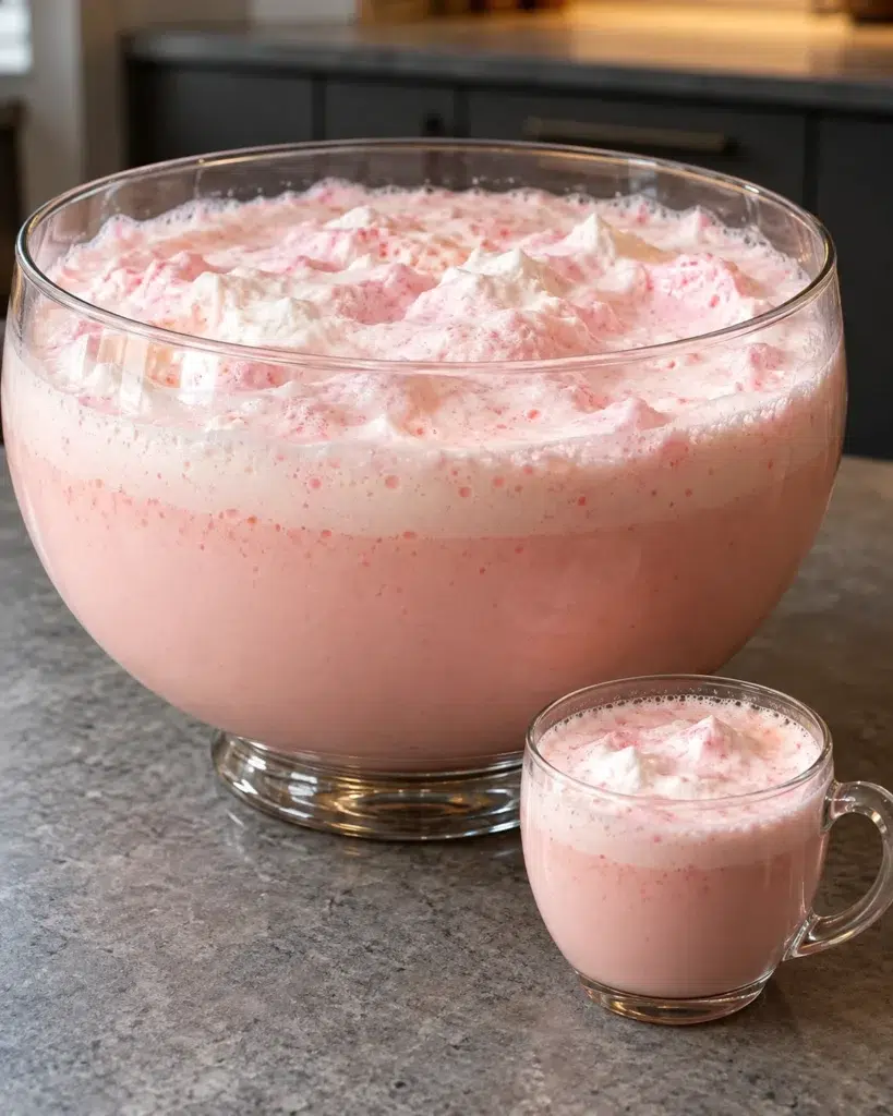 Sugar-free peppermint eggnog punch in a clear glass bowl with white whipped cream peaks and a mug
