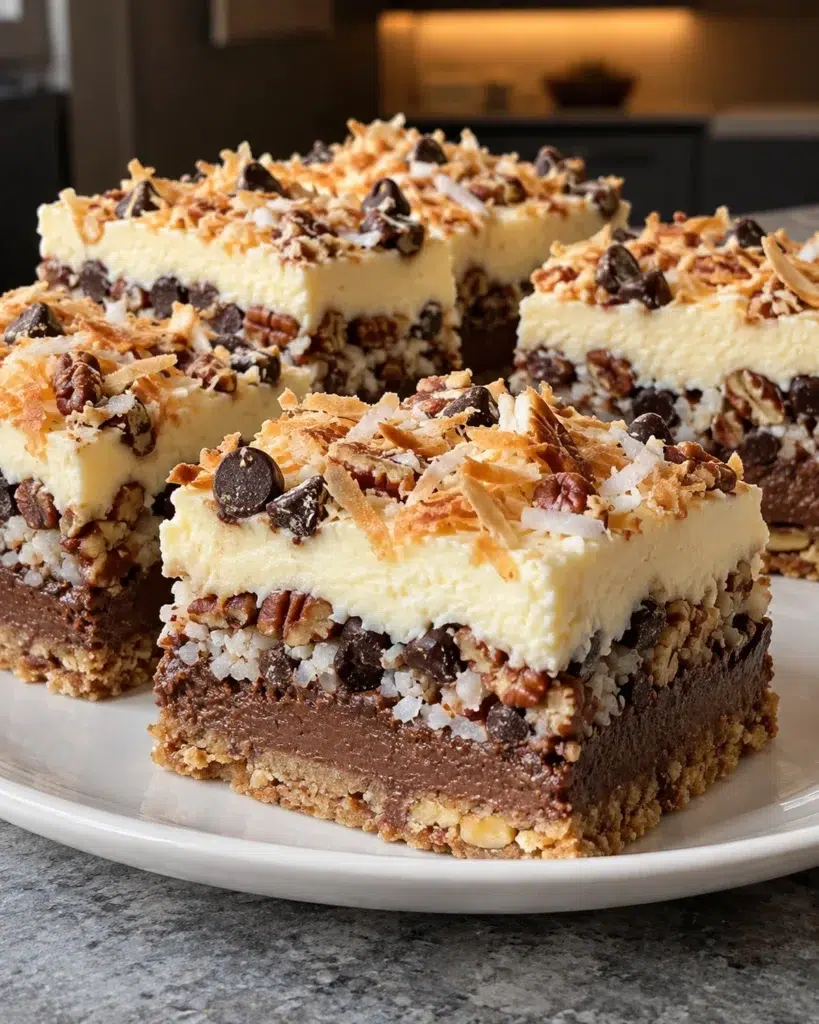 Sugar-free seven-layer bars with toasted coconut and chocolate chips on top, stacked on a white plate