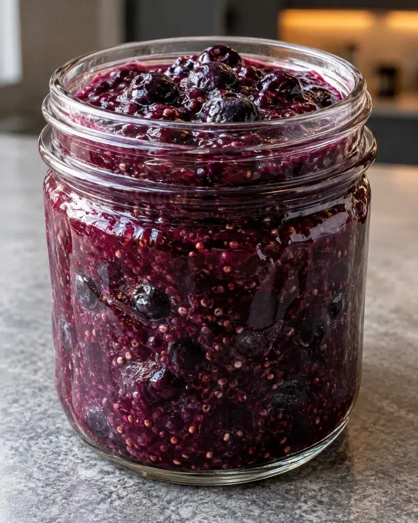 Sugar-free blueberry chia jam spooned onto a scone, with the jar of jam beside it