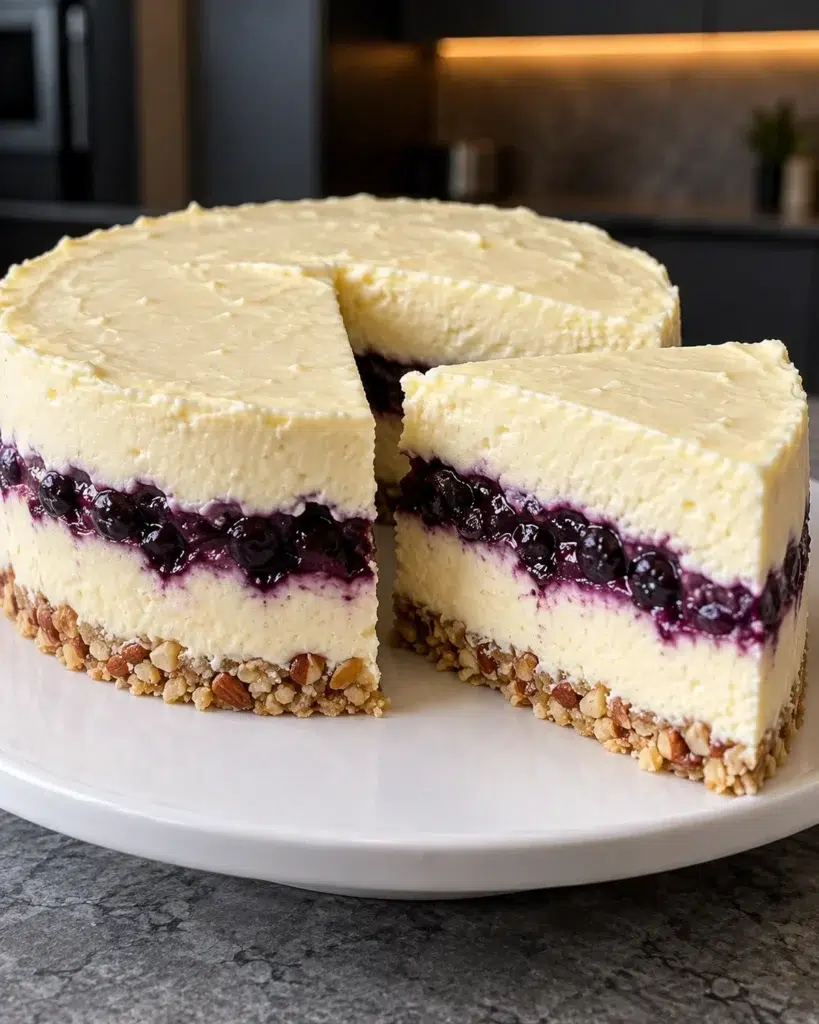 Sugar-free no-bake lemon blueberry cheesecake unmolded with a purple blueberry stripe and one wedge cut