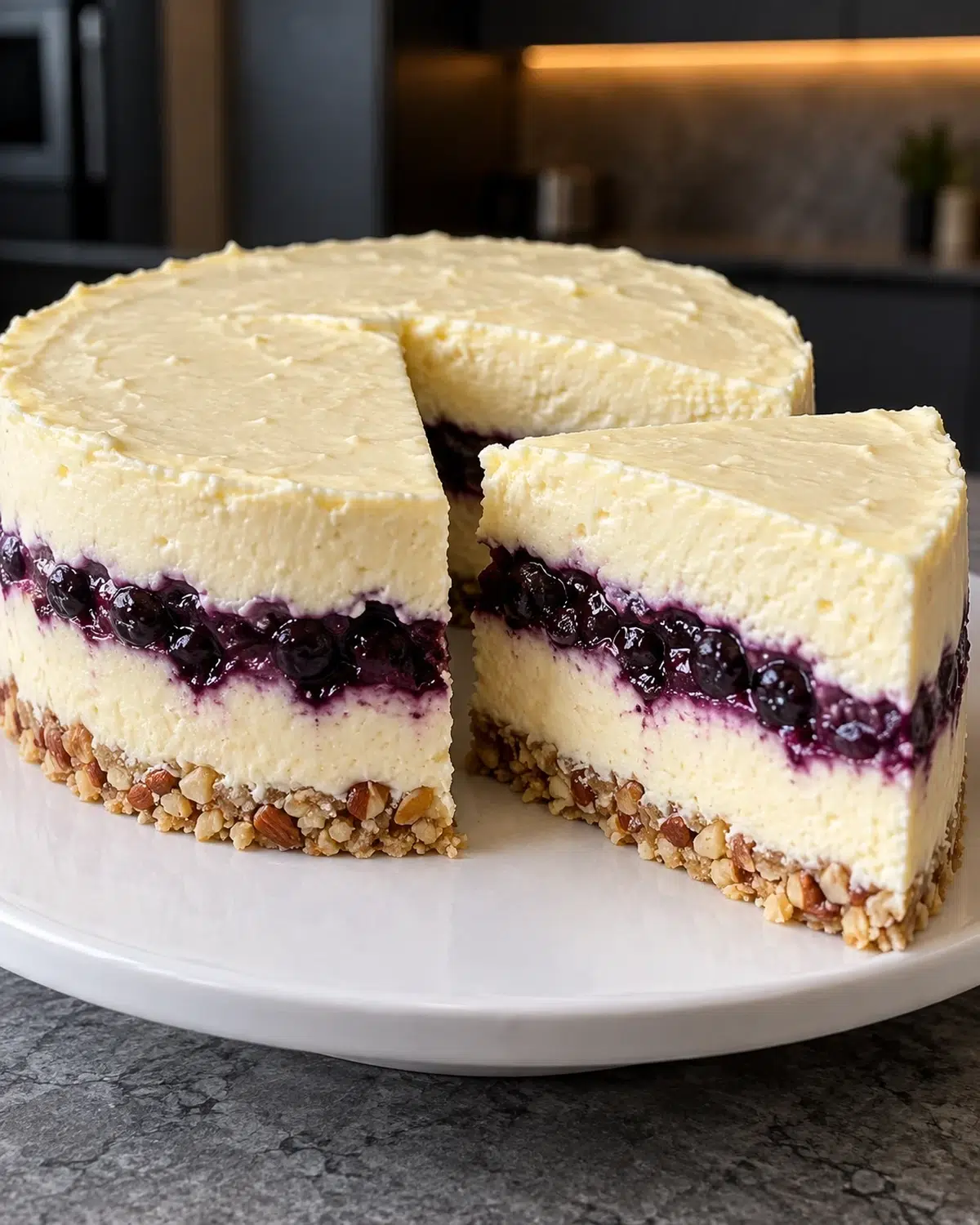 Sugar-free no-bake lemon blueberry cheesecake unmolded with a purple blueberry stripe and one wedge cut