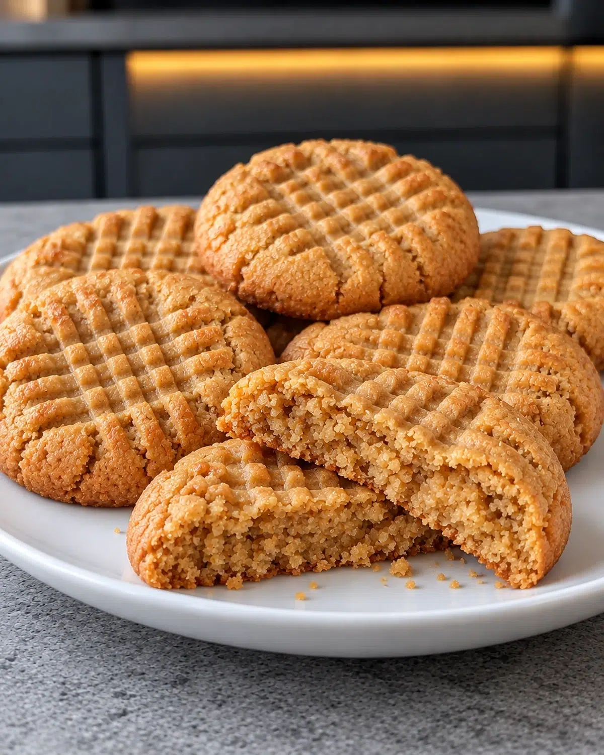 Sugar-free peanut butter cookies with fork crisscross marks on a plate