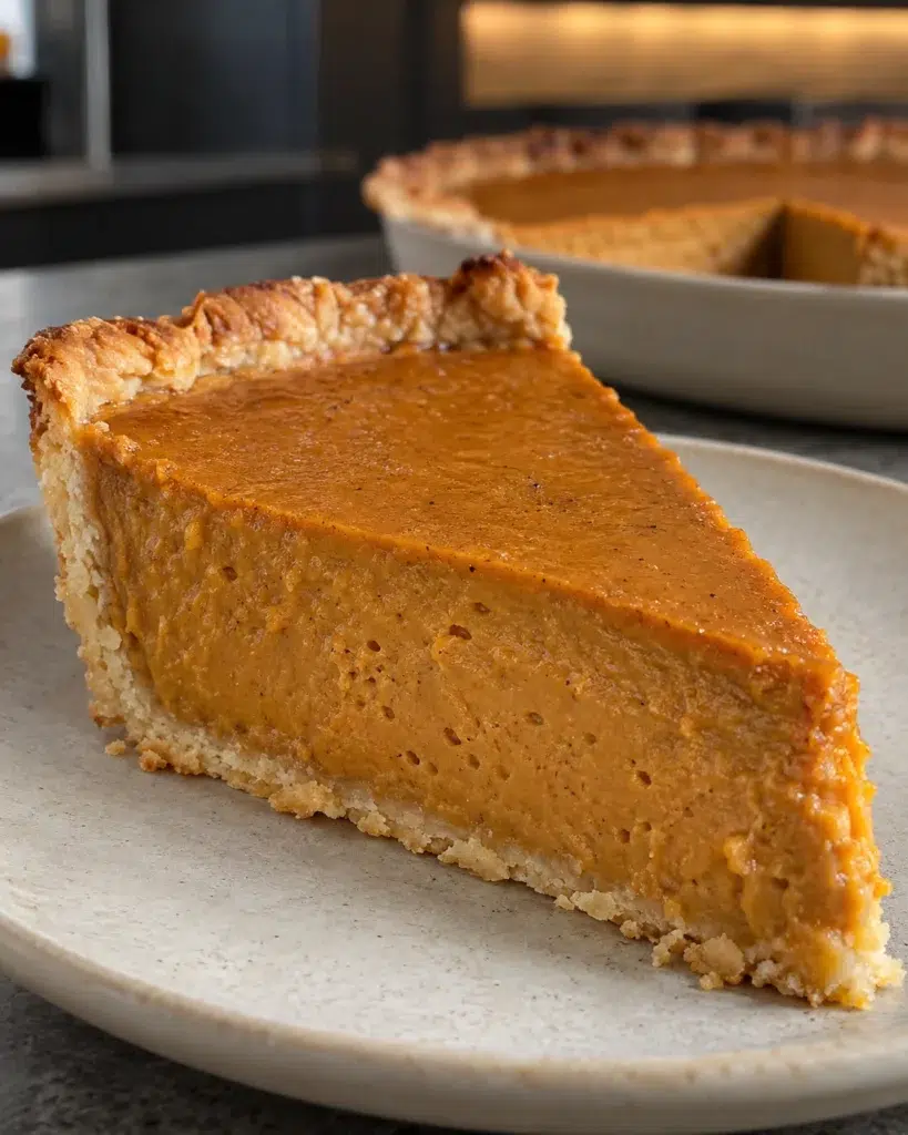 A slice of sugar-free pumpkin pie on a cream plate beside the whole pie
